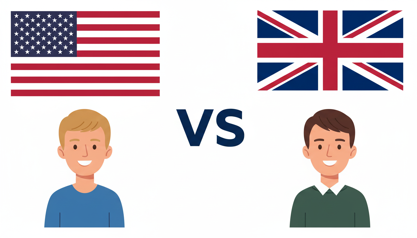 アメリカ英語 vs イギリス英語のイメージ(米英の国旗と人物)
