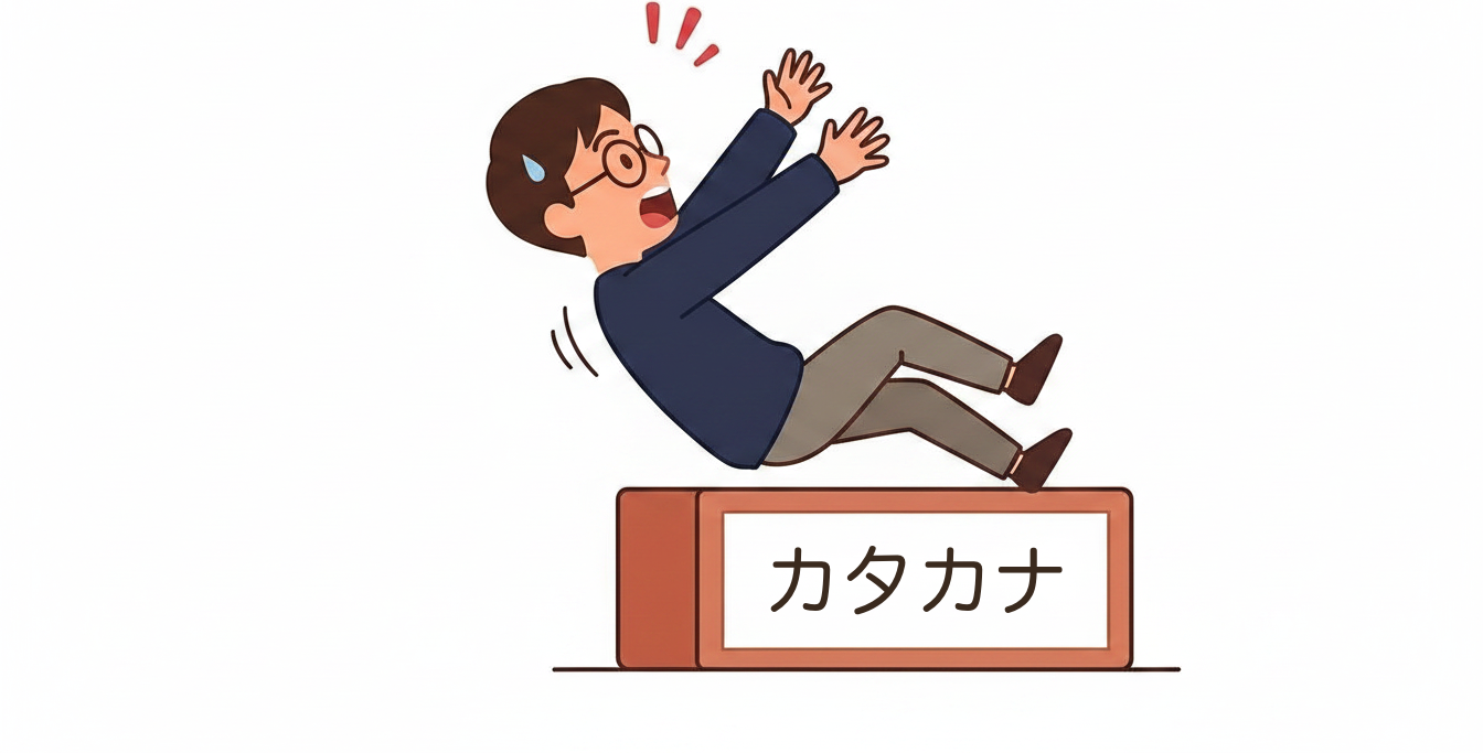 「カタカナ」と書かれた箱から落ちそうになっているキャラクター