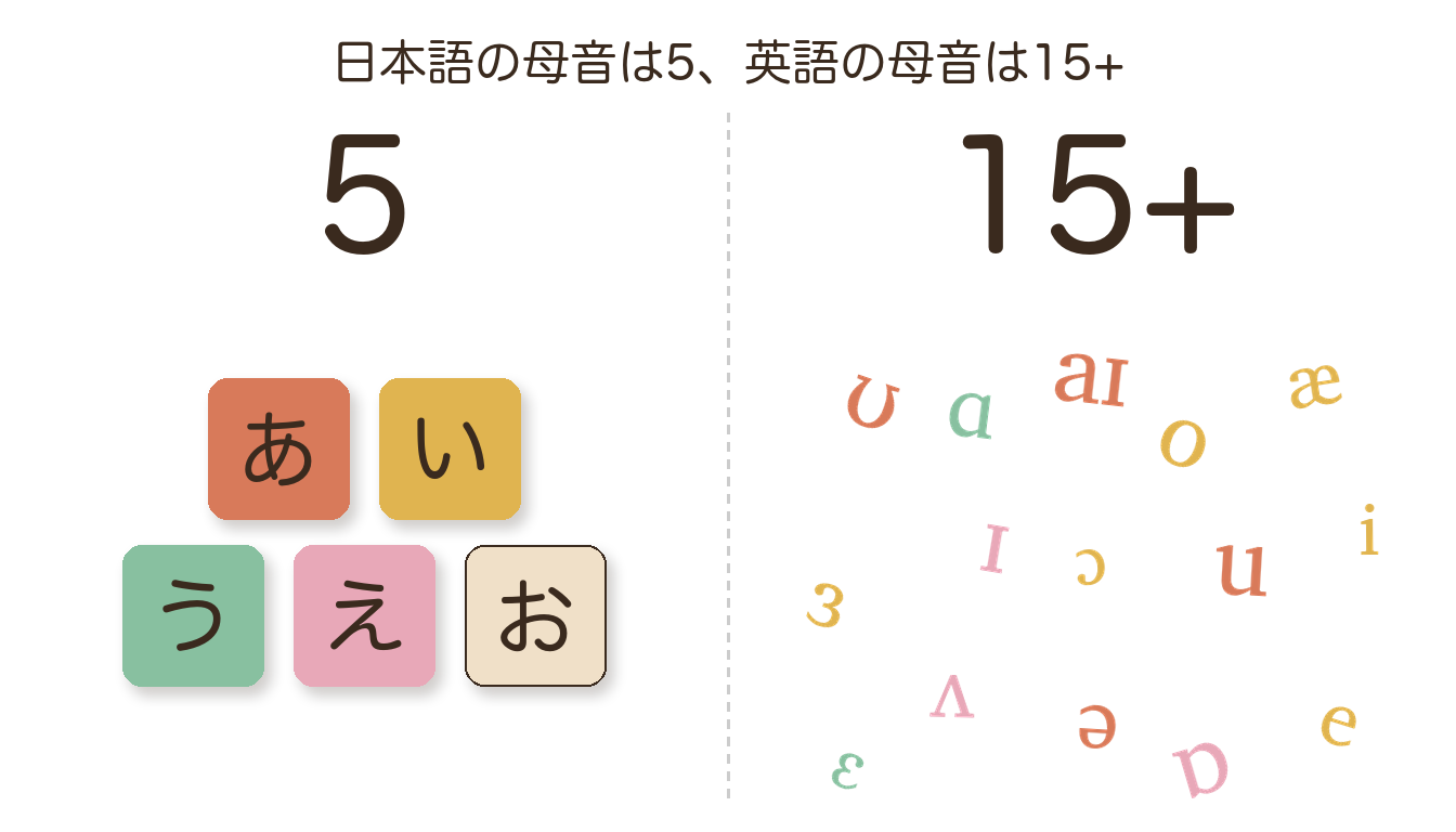 日本語の母音は5つ、英語の母音は15以上あることを示すダイアグラム