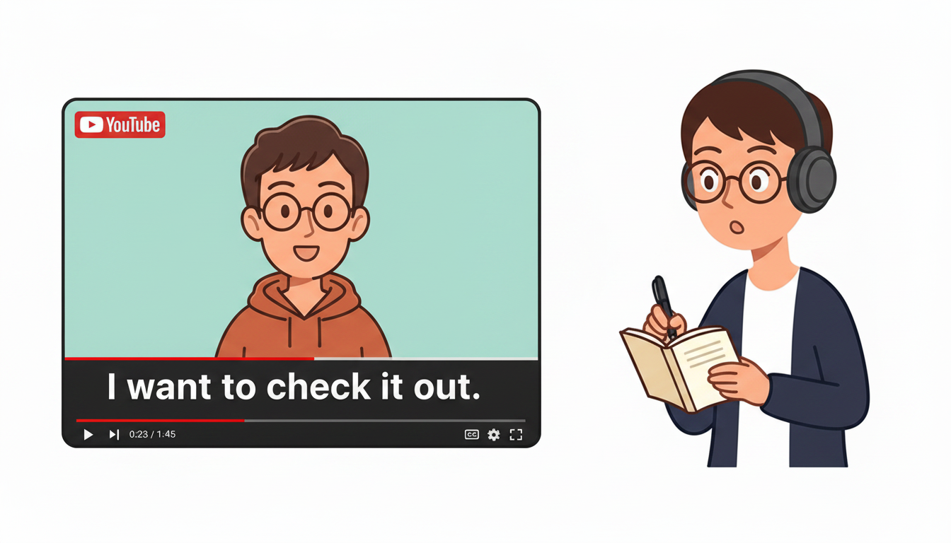 ヘッドホンをつけて、字幕付きのYouTube動画を見ながら集中するキャラクター