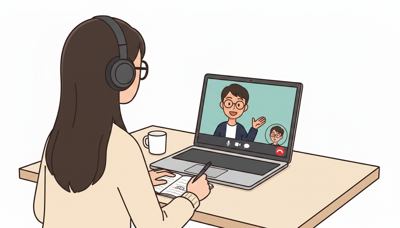 ノートPCでオンライン英会話のレッスンを受ける学習者と、画面の中で先生として説明するキャラクター