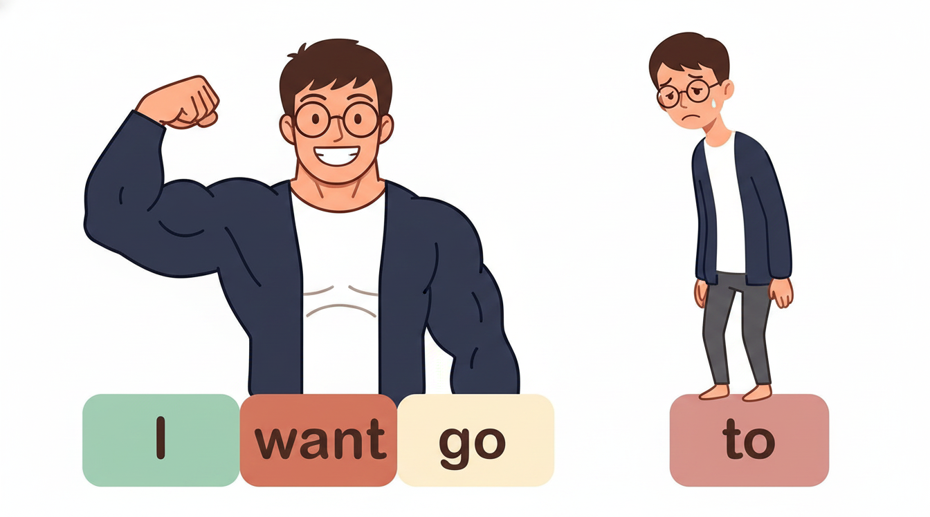 強弱リズムのイメージ：「I」「want」「go」の3箱の上にムキムキの強いキャラ、「to」の箱の上にやせ細った弱いキャラがいる