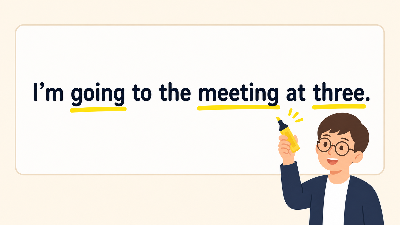 マーカーを使った練習のイメージ:キャラが黄色いマーカーを手に、英文「I'm going to the meeting at three.」の going / meeting / three(強く読む内容語)にハイライトを引いている