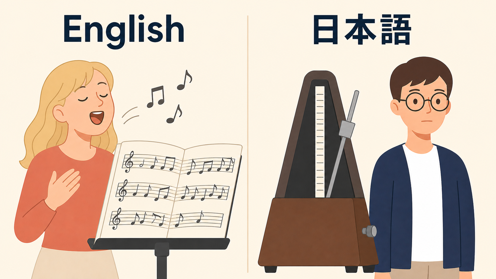英語と日本語のリズムの対比イラスト:左に楽譜を見ながら歌う英語話者、右にメトロノームの隣で無表情の日本語話者