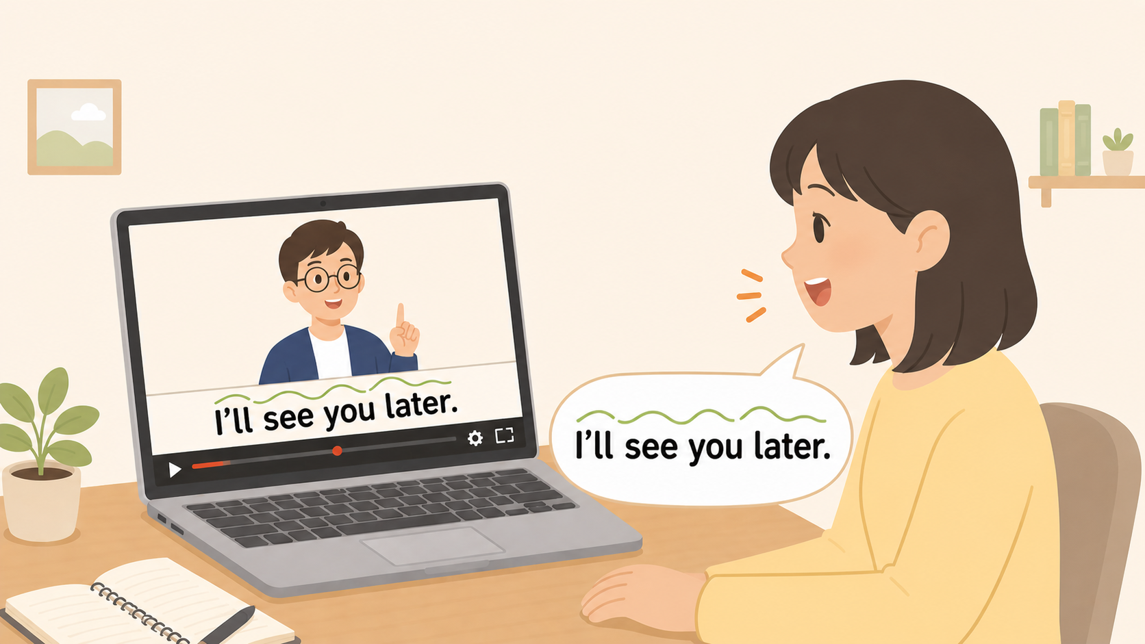 シャドーイング練習のイメージ:ノートPC の画面に映ったキャラクターが「I'll see you later.」と発話し、それを真似て同じセリフを口に出している学習者