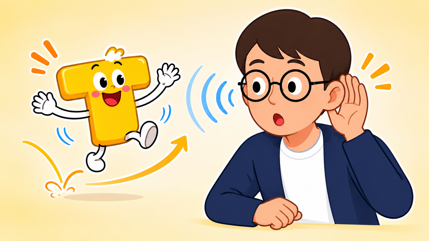 Flap T を聞き取る練習のイメージ：跳ねる Flap T の音を、耳をすまして聞き取ろうとしている様子