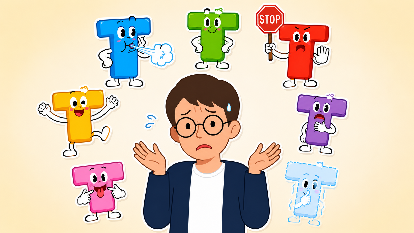 同じ t なのに7通りの音に化けるイメージ：7体の擬人化した t に囲まれて困惑している様子
