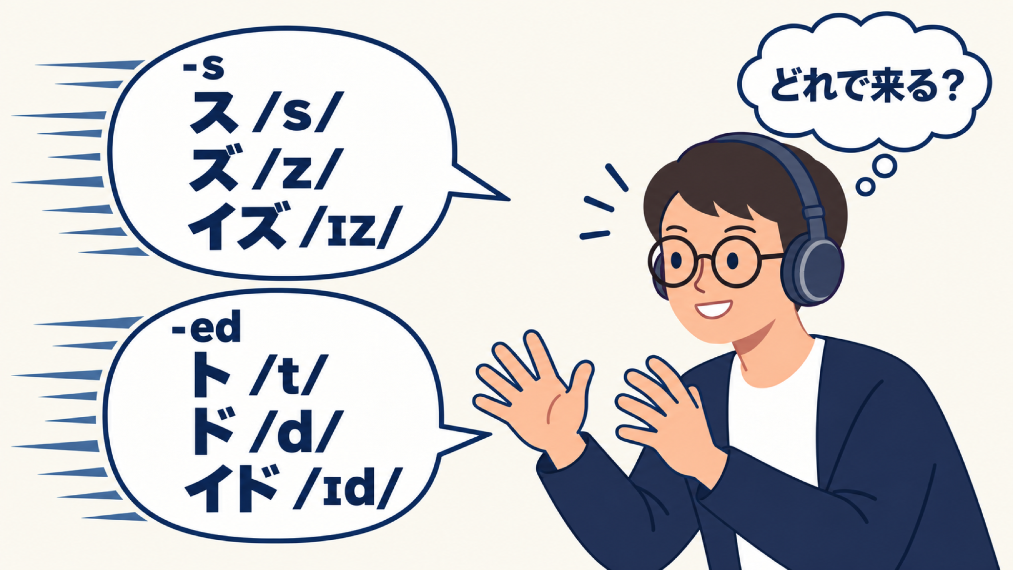 ヘッドホンをしたキャラクターが両手を開いて構え、左から飛んでくる2つの吹き出しを待ち受けている。上は -s の候補「ス /s/・ズ /z/・イズ /ɪz/」、下は -ed の候補「ト /t/・ド /d/・イド /ɪd/」。頭上に「どれで来る？」の思考の吹き出し